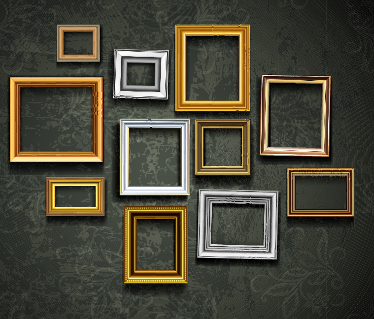 AntiquepictureFramecoppersilvergoldondarkgrungewallwithWoodentabletopEmptyreadyforproductdisplayormontage.