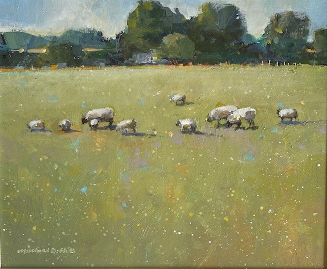Painting of sheep in a field by Michael hill