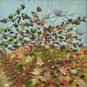 A textile bramble hedge art work by Jackie Gale, available through Wildwood Art Gallery