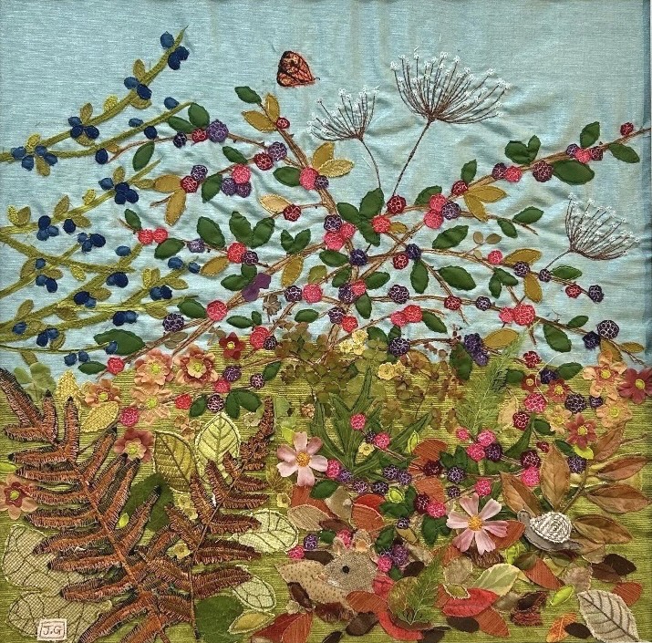 A textile bramble hedge art work by Jackie Gale, available through Wildwood Art Gallery