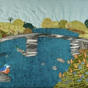 textile art of a clapper bridge on Dartmoor with ducks, by Jackie Gale, available from Wildwood Arts, Dartmoor