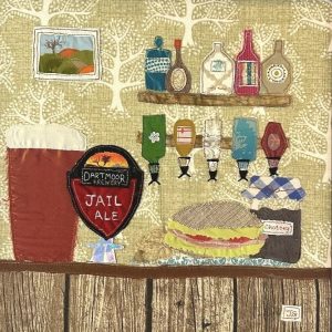 Textile art of a lunchtime pint by Jackie Gale. Available through Wildwood Art Gallery