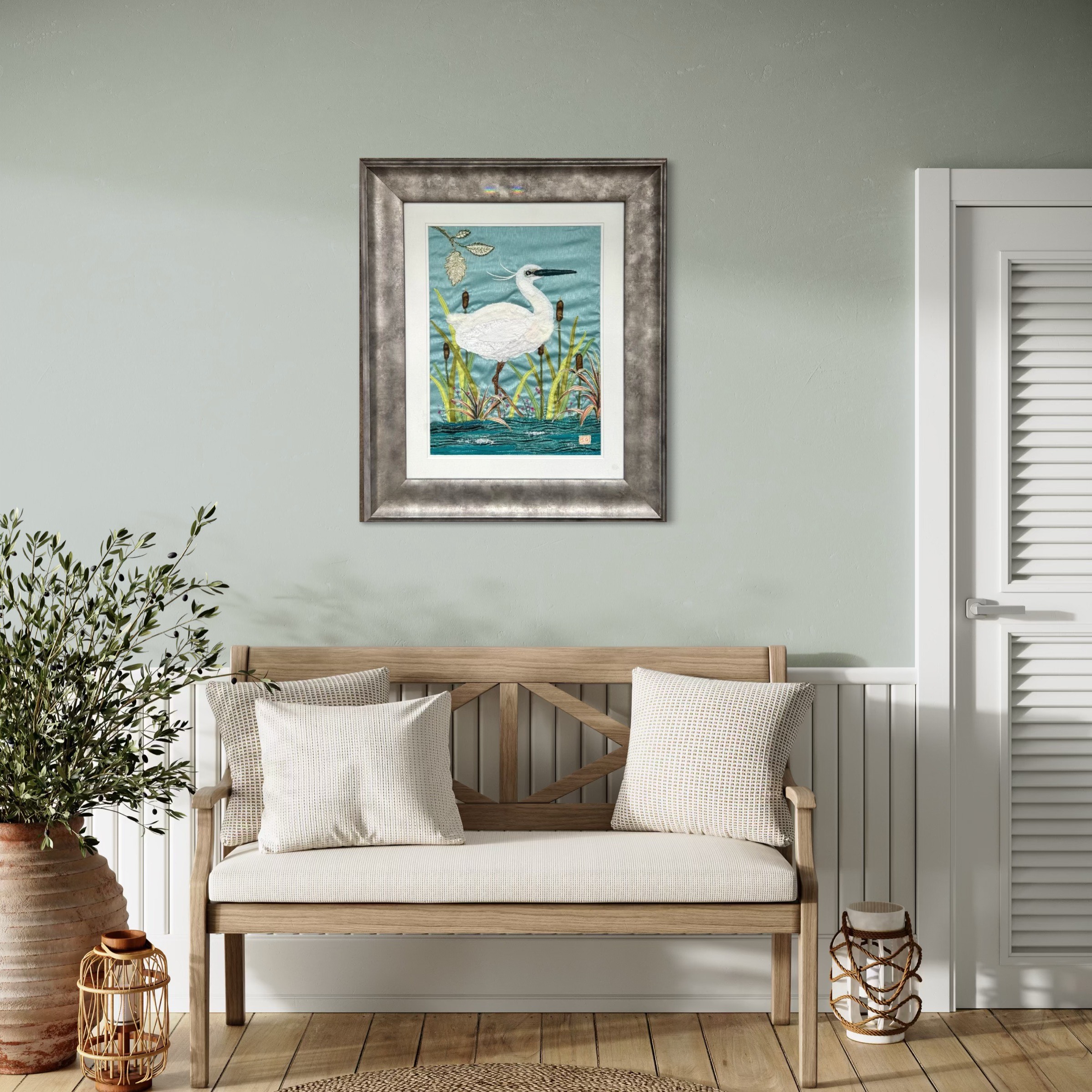 Textile art by Jackie Gale of an egret