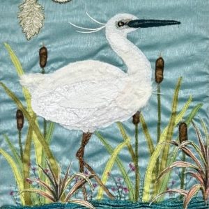 Miss Egret. textile artwork by Jackie Gale available through Wildwood art gallery
