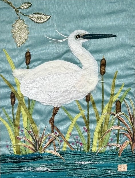 Miss Egret. textile artwork by Jackie Gale available through Wildwood art gallery