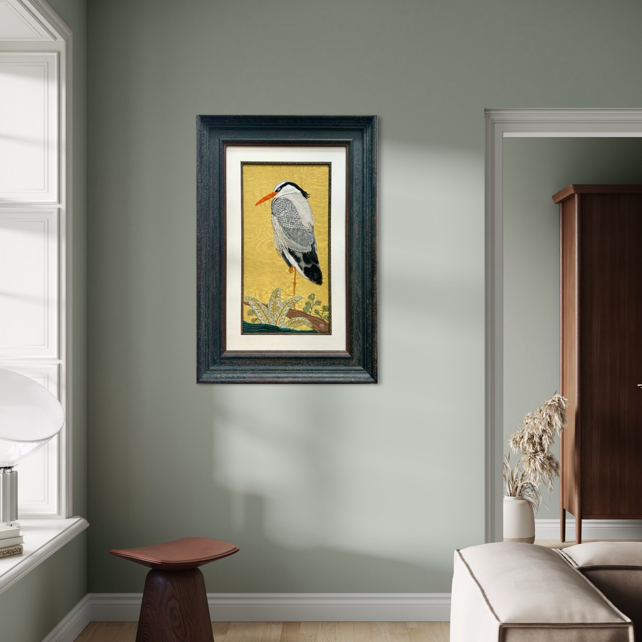 Heron in textile art by artist Jackie Gale, available through Wildwood Art gallery, dartmoor