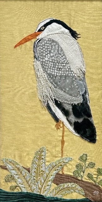A heron in textiles, original artwork by Jackie Gale