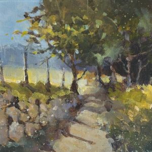 small painting of a tree lined lane by Michael Hill