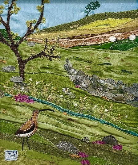 textile art of a curlew and a tree in a moorland landscape, by Jackie Gale, available through Wildwood Art gallery on Dartmoor.