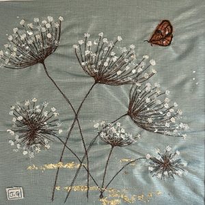 cow parsley heads with butterfly in textile art by Jackie Gale, available through Wildwood Art Gallery