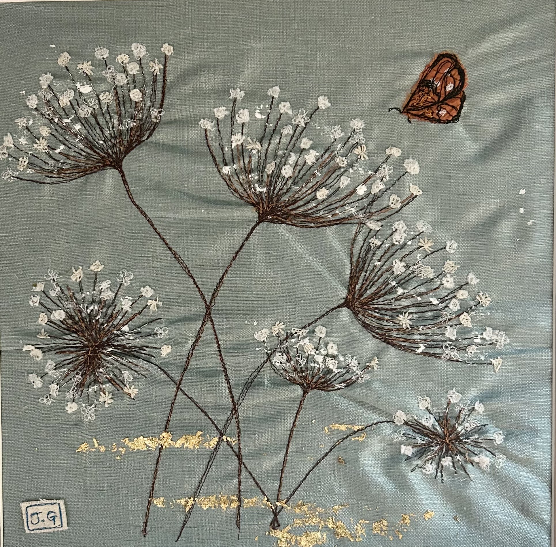 cow parsley heads with butterfly in textile art by Jackie Gale, available through Wildwood Art Gallery