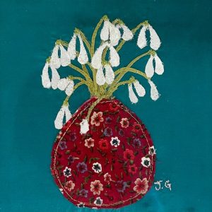 textile art by Jackie gale of snowdrops in a vase, available through Wildwood Arts, Dartmoor