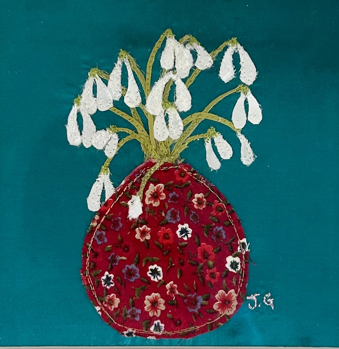 textile art by Jackie gale of snowdrops in a vase, available through Wildwood Arts, Dartmoor