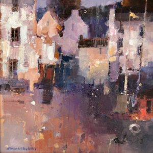 red boat and houses, oil painting by Michael Hill