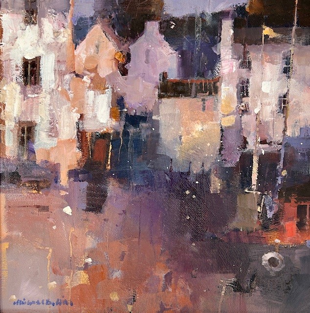 red boat and houses, oil painting by Michael Hill